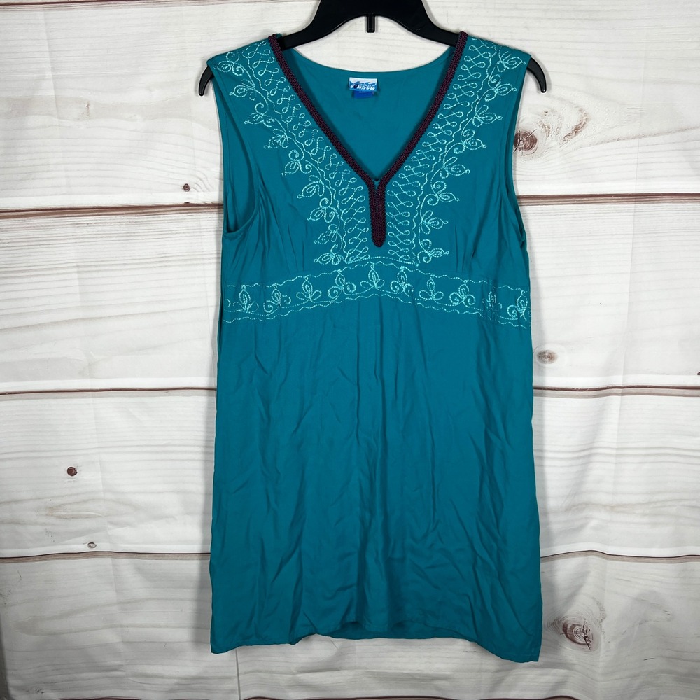 Soaked Sleeveless Tunic Dress Womens Small Teal Embroidered‎ V-Neck Boho Beach